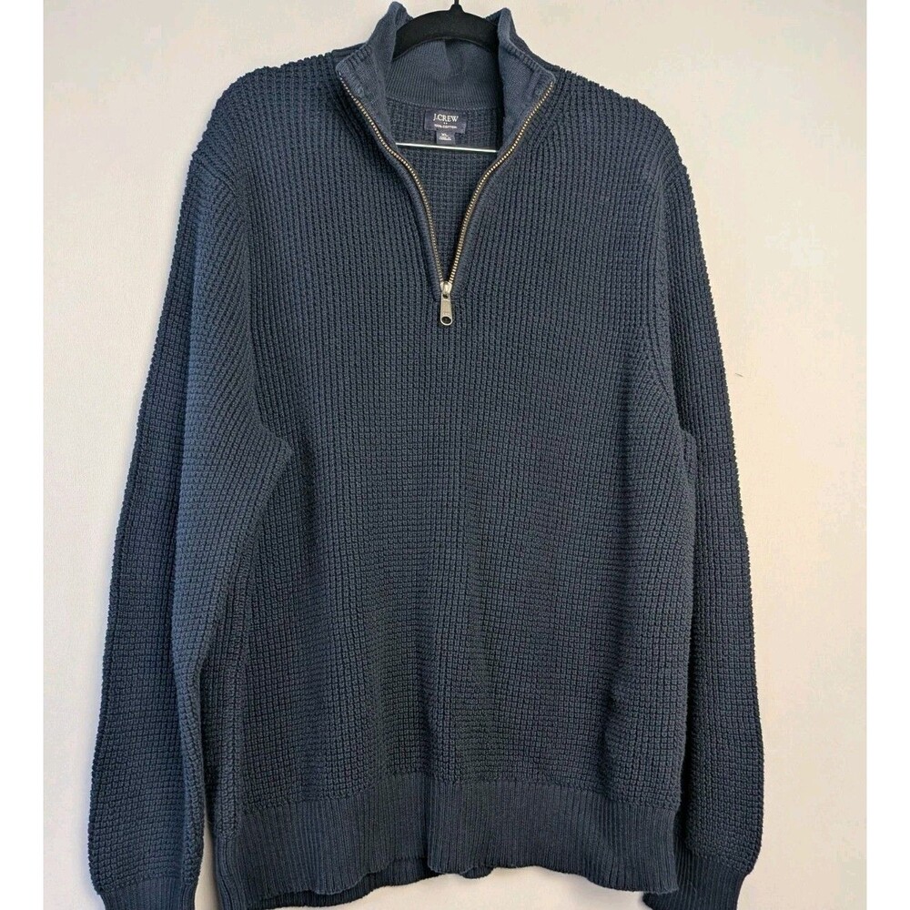 J. Crew Sweater Men's XL Quarter Zip Long Sleeve Warm Knit Navy Blue 100% Cotton